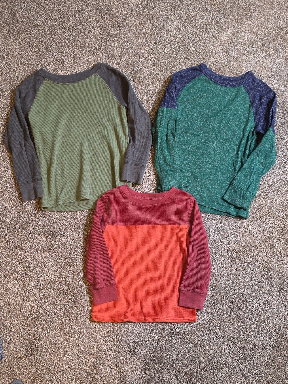 Long-Sleeve Boys 3T Lot Colorblock Thermal Tops - Green, Olive & Red/Orange